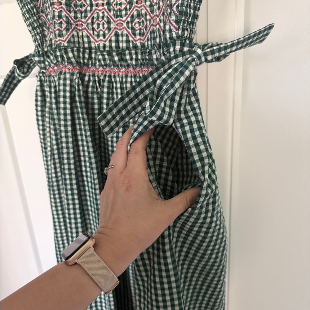 Hunter Bell Larissa Green White Gingham Midi Dress Smocked embroidered tie - Picture 6 of 8